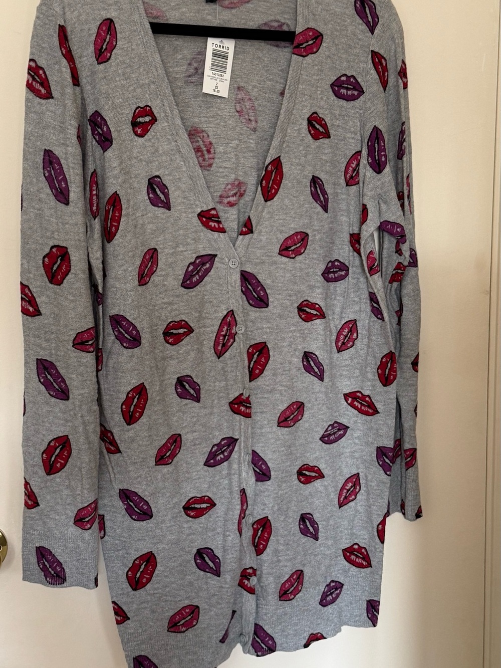 torrid Gray Button-Front Cardigan with Red & Purple Lip Print
